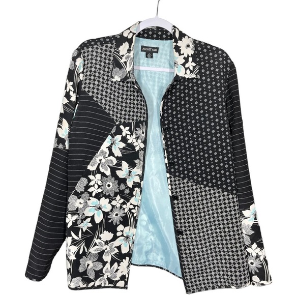 August Max SILK Floral Patchwork Pattern Button Down Lined Blazer Jacket Black - Picture 1 of 11